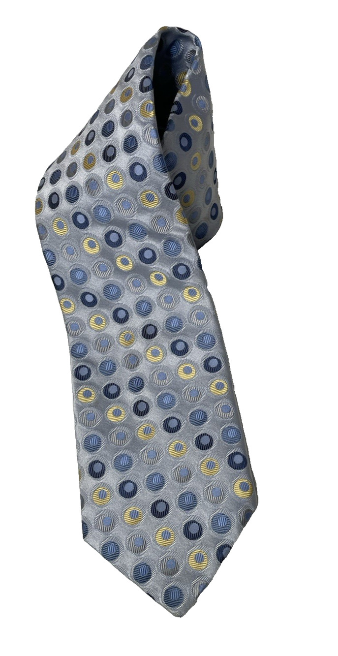 City of London Men’s Silk Tie Gray Blue Yellow Geometric Circle Made USA 59”